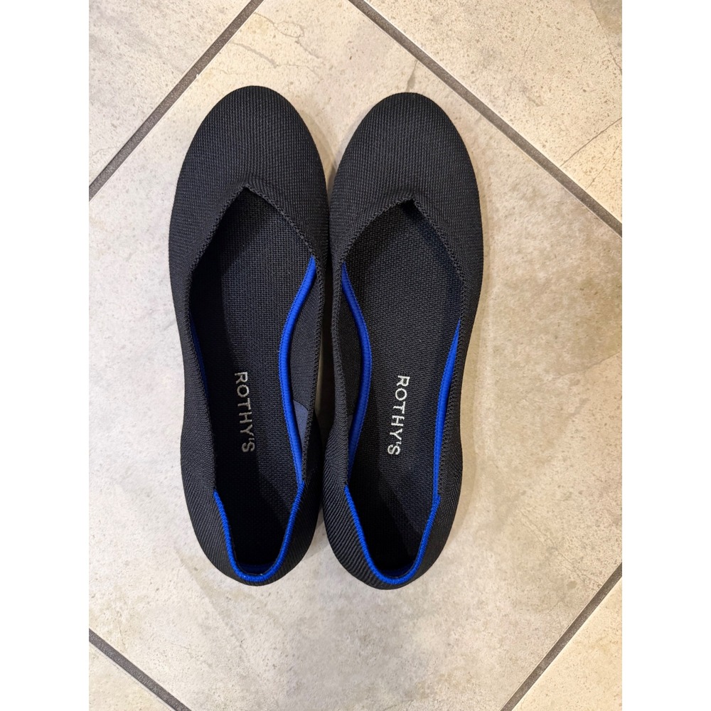 Rothys The Flat Black Solid Round Toe Knit Ballet Flats Blue Halo Size 10.5